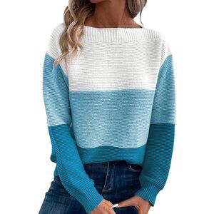 Women's Blue 1 Long Sleeve Crew Neck Color Block Fall Fashion Pullover Sweaters